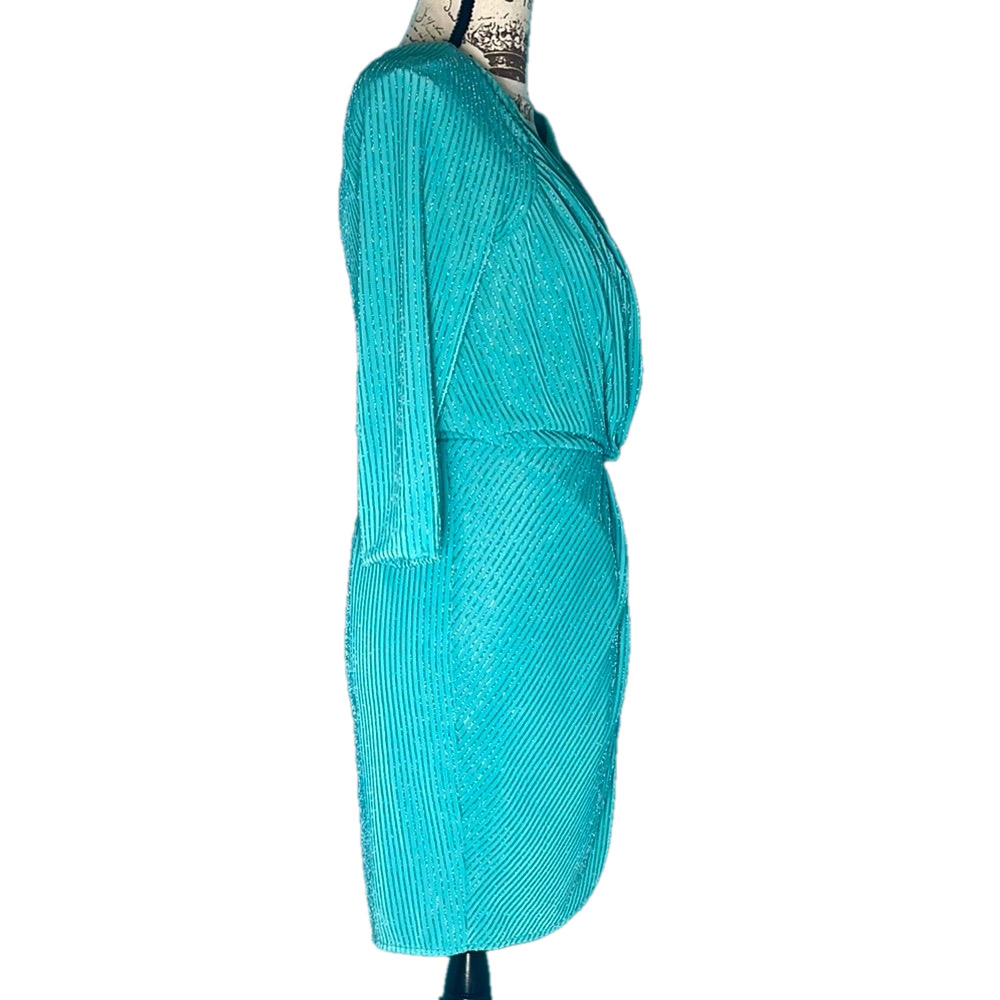 GUESS Metallic Tiffany Blue Ruched Wrap Mini Dress Prom Party Small $98 Retail - Picture 4 of 17